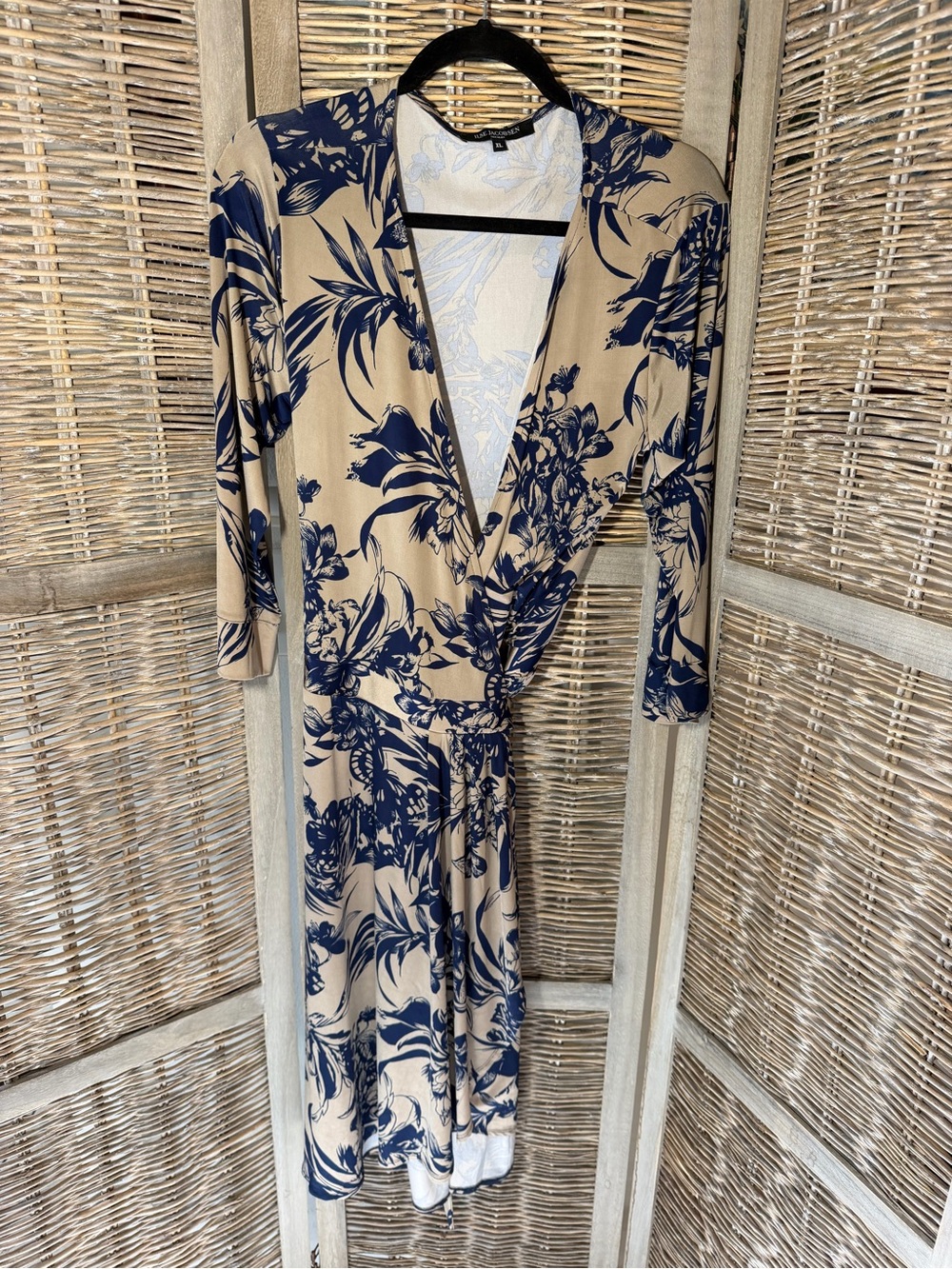 Ilse Jacobsen Beige Wrap Dress with Navy Floral Print
